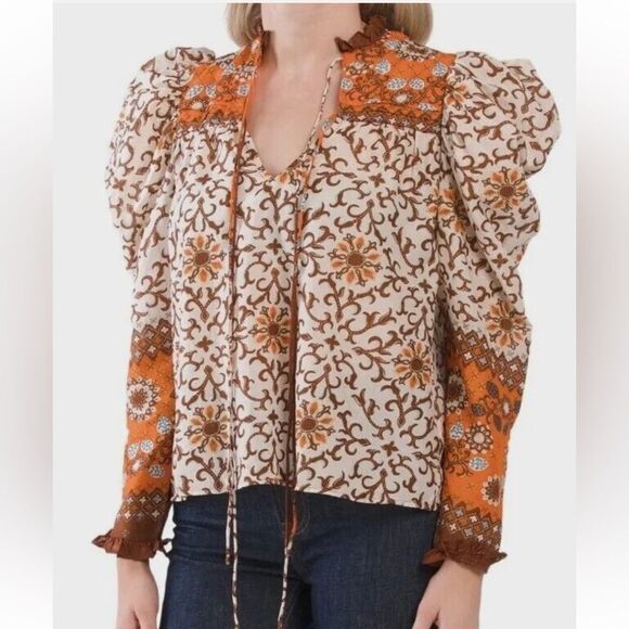 House of Harlow 1960 Long Sleeve Puff Sleeve Cotton Blouse Top - Picture 7 of 7